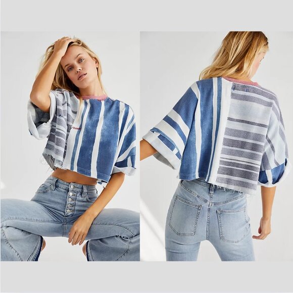 Free People Striped Blue and White Cropped Top - Picture 1 of 7